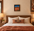 8x10" original oil painting, red rock canyon, hoodoos, trails, blue sky, framed in red oak, shown in a bedroom