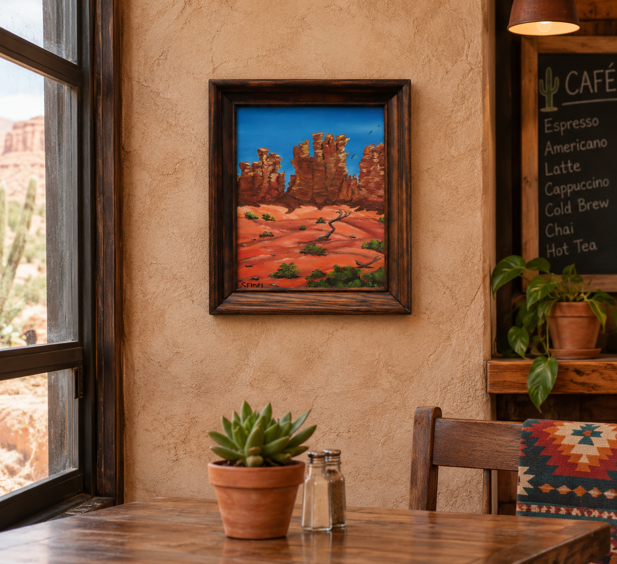 8x10" original oil painting, red rock canyon, hoodoos, trails, blue sky, framed in red oak, shon in a southwest cafe