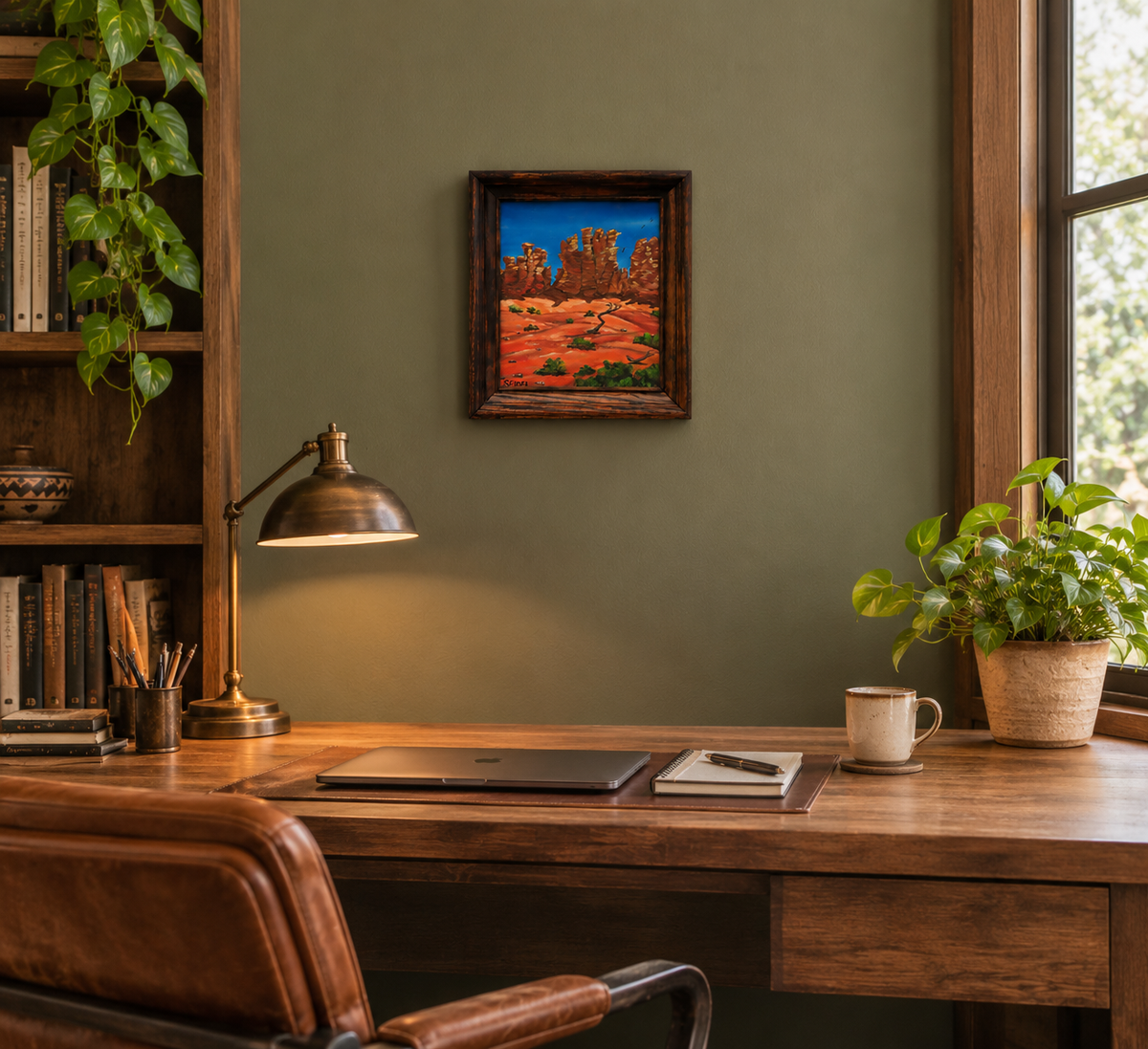 8x10" original oil painting, red rock canyon, hoodoos, trails, blue sky, framed in red oak, shown in an office