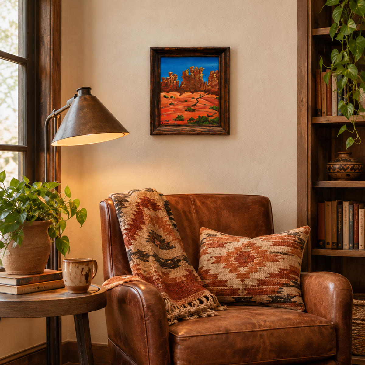 8x10" original oil painting, red rock canyon, hoodoos, trails, blue sky, framed in red oak, shown in a reading nook