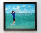 18x24" original oil painting, beautiful ocean colors, boy net fishing, seagulls and pelican interested, framed