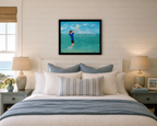original oil painting, beautiful ocean colors, boy net fishing, seagulls and pelican interested, framed, over bed