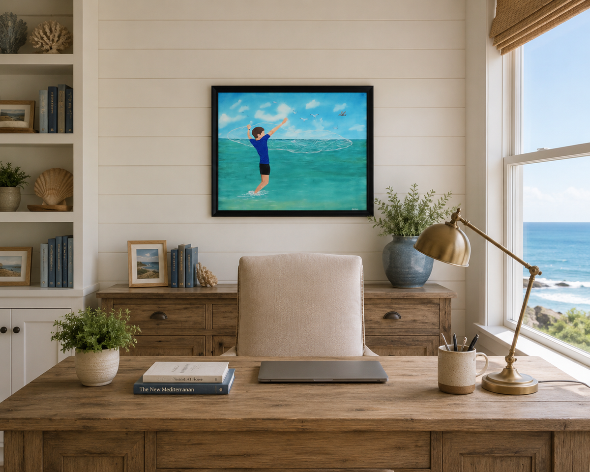 18x24" original oil painting, beautiful ocean colors, boy net fishing, seagulls and pelican interested, framed, behind an office desk