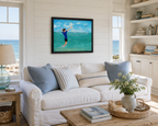 original oil painting, beautiful ocean colors, boy net fishing, seagulls and pelican interested, framed,over a sofa