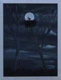 6x8" original acrylic painting, black and white, moon, bird silhouette, brushed aluminum frame