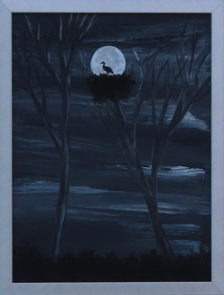 6x8" original acrylic painting, black and white, moon, bird silhouette, brushed aluminum frame