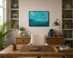 Ocean Dreams original abstract  oil painting on 24x30"canvas with beautiful blue, green water, small headlands, clouds in impasto style, handmade black surround frame, behind office desk