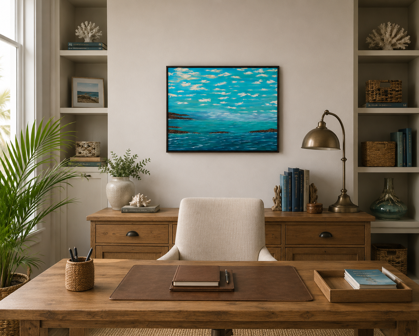 Ocean Dreams original abstract  oil painting on 24x30"canvas with beautiful blue, green water, small headlands, clouds in impasto style, handmade black surround frame, behind office desk