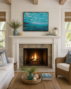 Ocean Dreams original abstract  oil painting on 24x30"canvas with beautiful blue, green water, small headlands, clouds in impasto style, handmade black surround frame, over fireplace