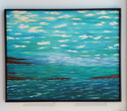 Ocean Dreams original abstract  oil painting on 24x30"canvas with beautiful blue, green water, small headlands, clouds in impasto style, handmade black surround frame