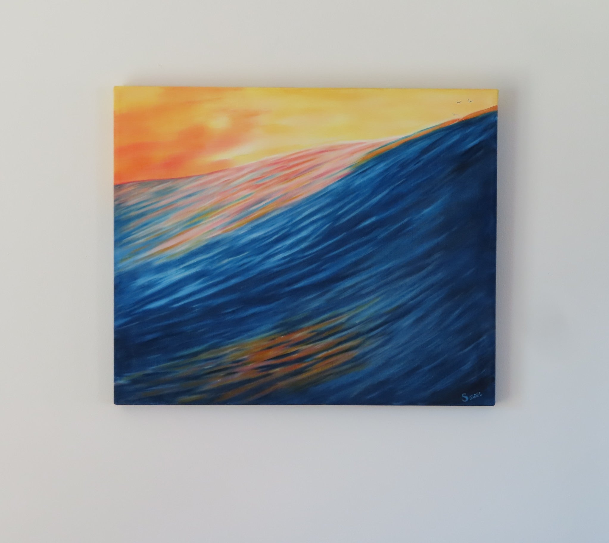 20" tall x 24 wide original oil painting of a single huge colorful ocean wave under a bright sunset sky painted on all sides