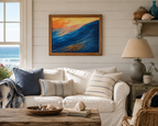 original oil painting of a single huge colorful ocean wave under a bright sunset sky 20x24 framed, displayed in cottage