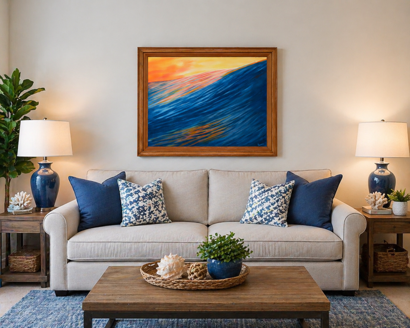original oil painting of a single huge colorful ocean wave under a bright sunset sky 20x24 framed, displayed over sofa