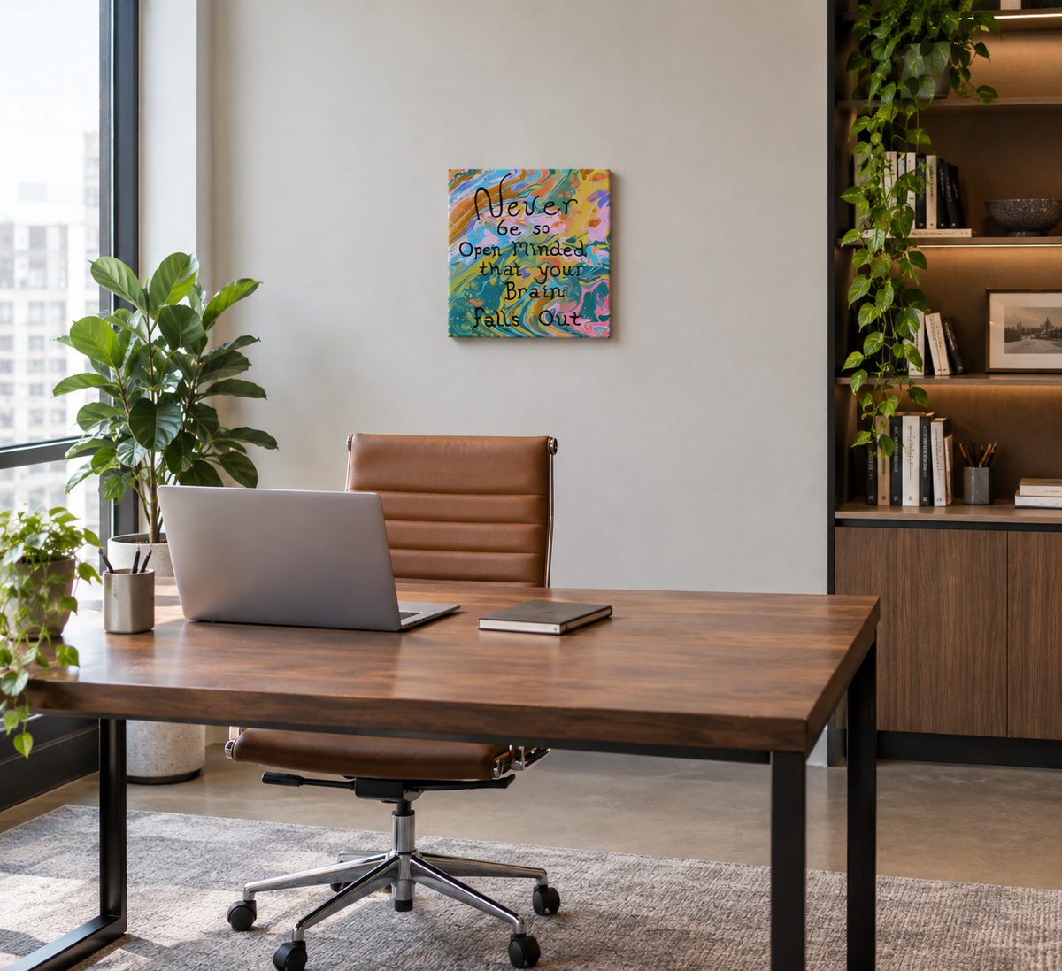 An 8x8" original abstract acrylic painting with multicolored swirls and a textual inspirational quote that reads 'NEVER BE SO OPEN-MINDED THAT YOUR BRAIN FALLS OUT', shown in a modern office.