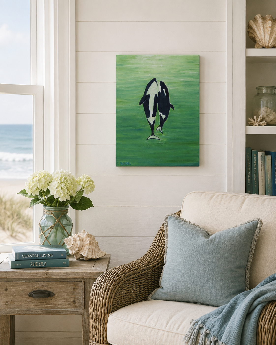 original 11x14 oil painting, two orca whales  seem to dance to the surface of the ocean, pictured in seaside cottage