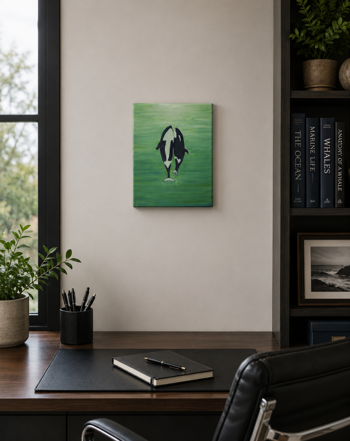 original 11x14 oil painting of two orca whales, displayed in front of office desk