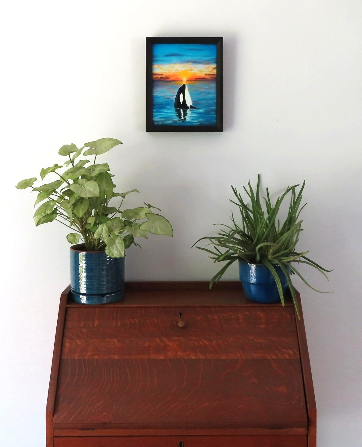 original 8x10 oil painting, orca whale seems to watch sunset, framed, shown over secetary desk