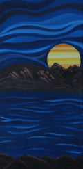 24 inch tall by 12 inch wide original oil painting, in an abstracted style, of a bright colored planet rising over the horizon in another world with cool blue colors in sky and water unframed, painted on all sides