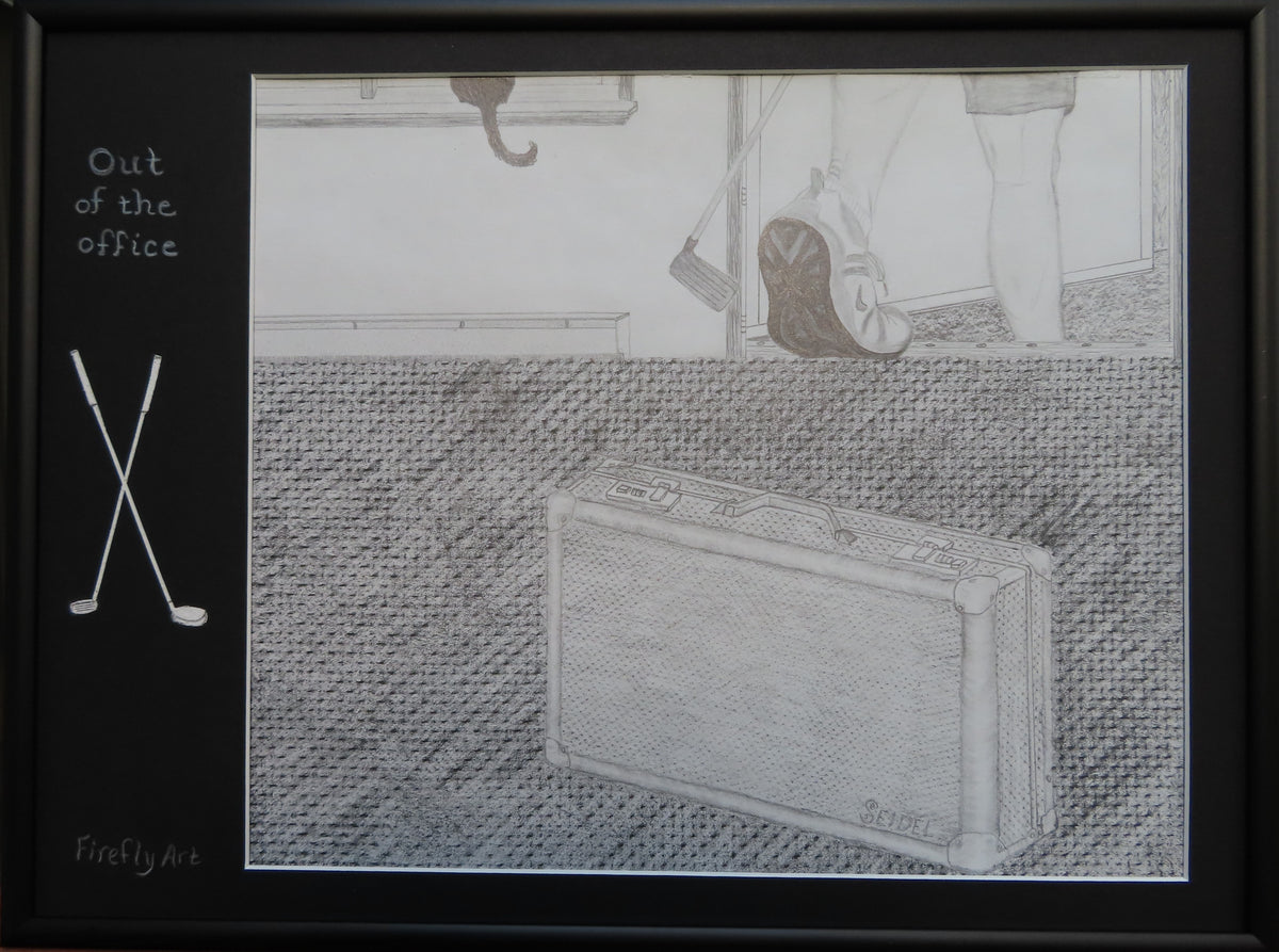 12x16"  Framed original graphite drawing of someone walking out the door with a golf club. Features a specialty mat with carved in golf clubs, shown on dark background