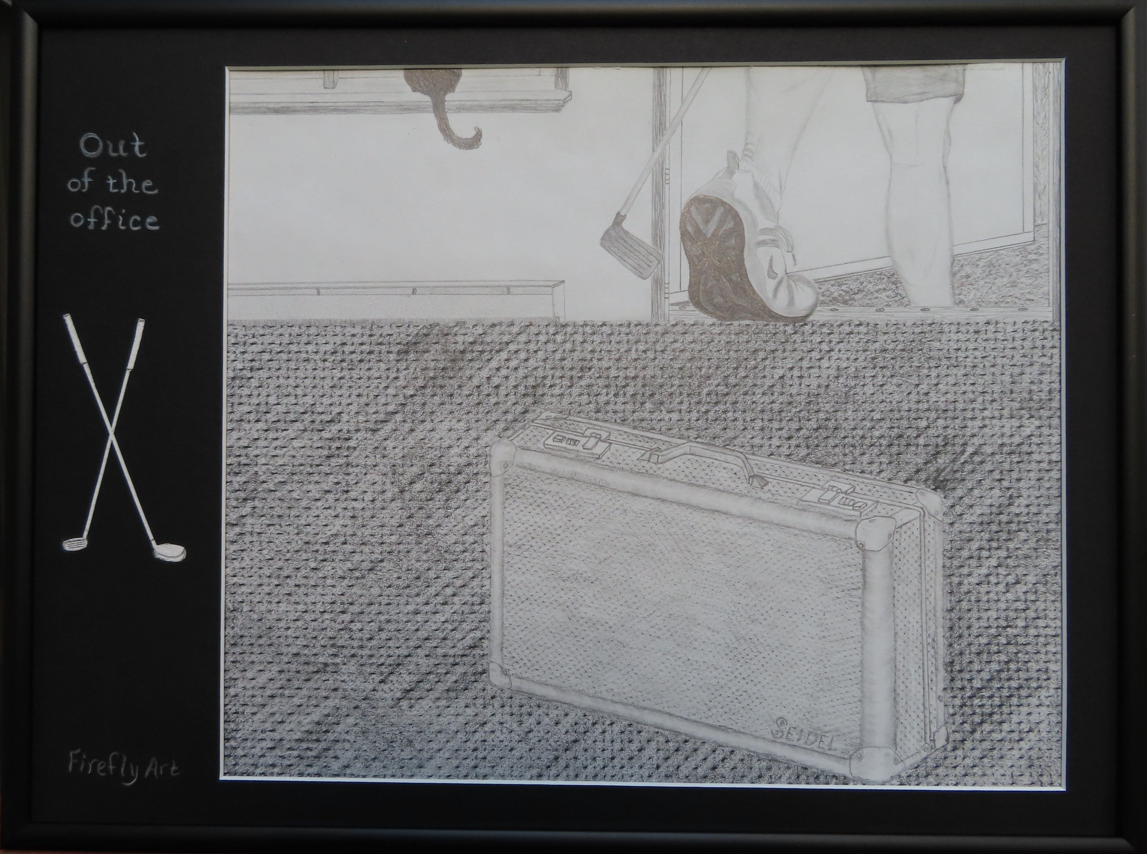 12x16"  Framed original graphite drawing of someone walking out the door with a golf club. Features a specialty mat with carved in golf clubs