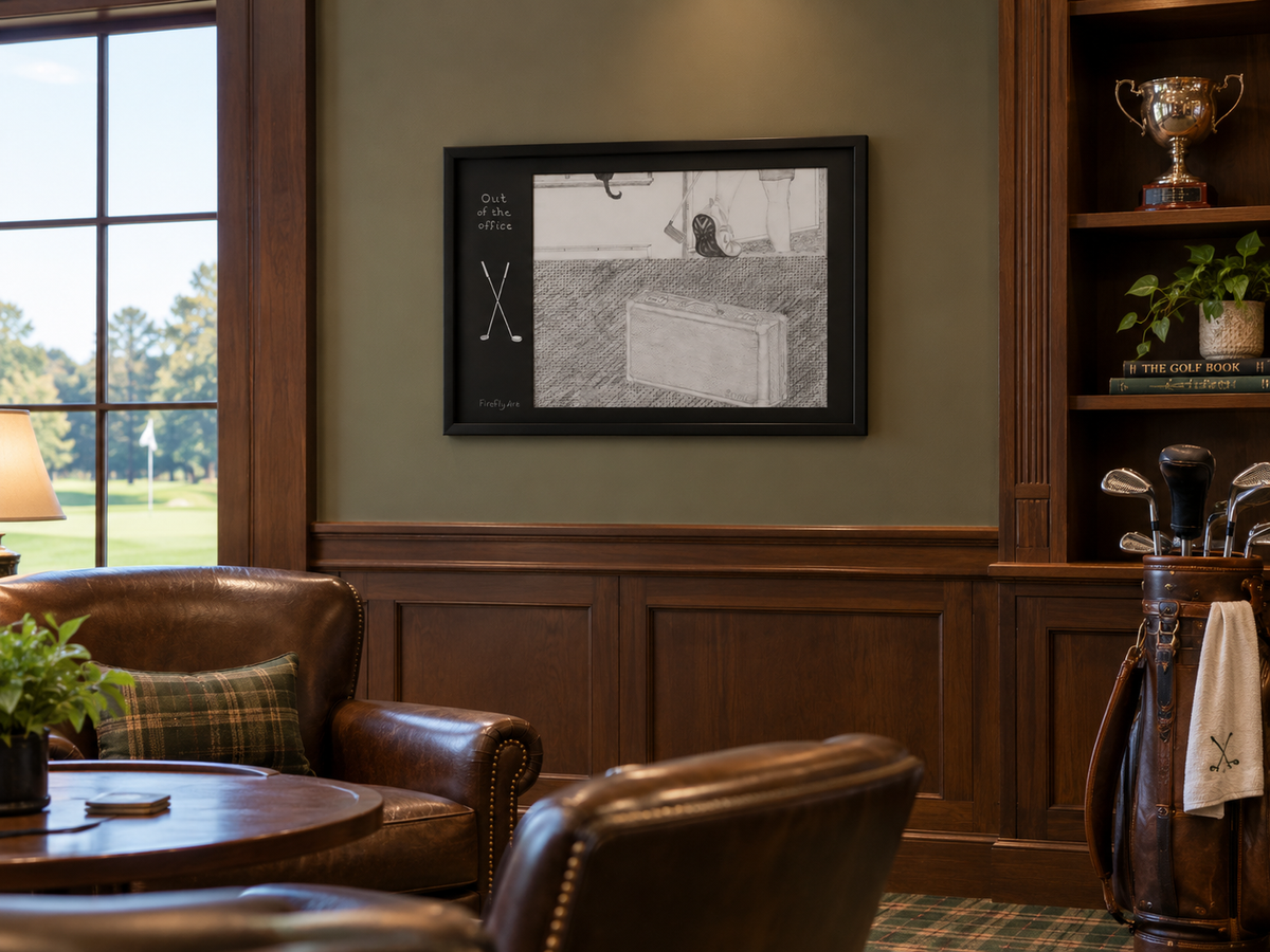 12x16"  Framed original graphite drawing of someone walking out the door with a golf club. Features a specialty mat with carved in golf clubs, shown in a golf club lounge