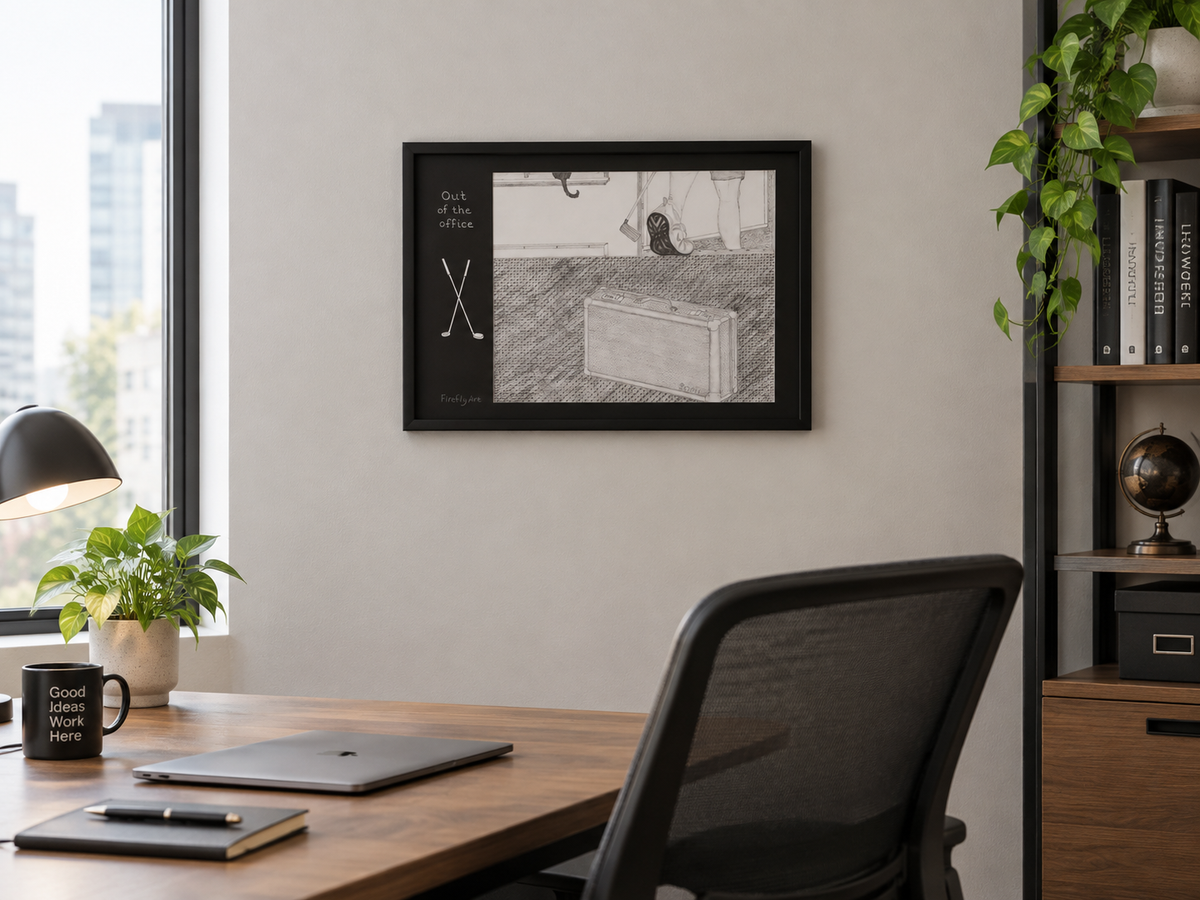 12x16"  Framed original graphite drawing of someone walking out the door with a golf club. Features a specialty mat with carved in golf clubs, shown in a modern office