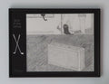 12x16"  Framed original graphite drawing of someone walking out the door with a golf club. Features a specialty mat with carved in golf clubs