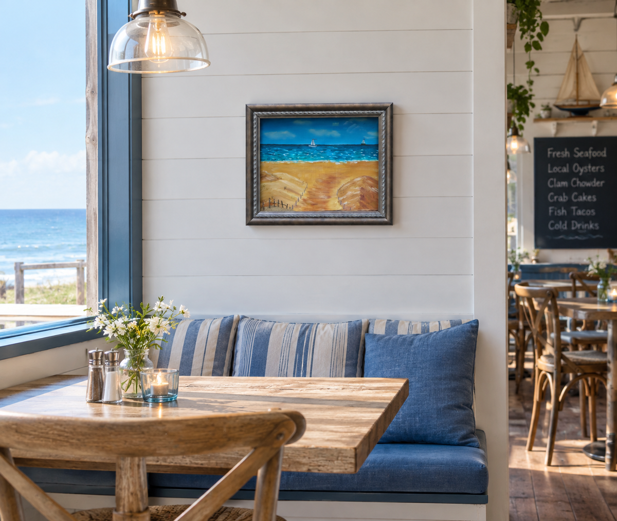 8 1/2 x 10 1/2" by 3" deep shadow box with an original acrylic painting, featuring the Atlantic ocean with sailboats. Mixed media in the foreground features sand a fence and log. It is displayed here in a cafe