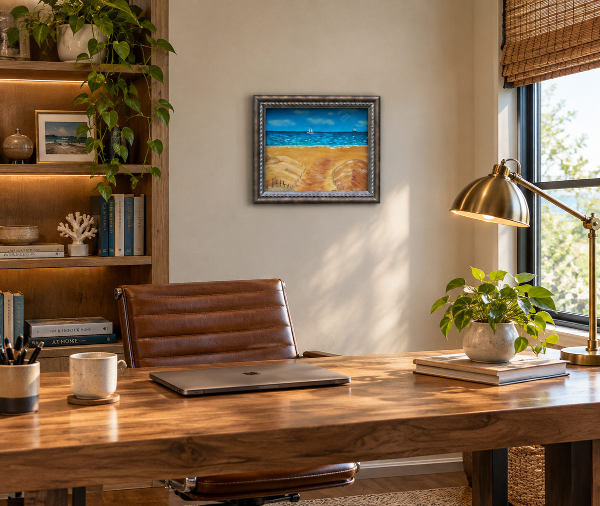 8 1/2 x 10 1/2" by 3" deep shadow box with an original acrylic painting, featuring the Atlantic ocean with sailboats. Mixed media in the foreground features sand a fence and log. It is shown here in a modern office.