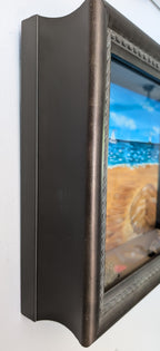 8 1/2 x 10 1/2" by 3" deep shadow box with an original acrylic painting, featuring the Atlantic ocean with sailboats. Mixed media in the foreground features sand a fence and log. The side view of the shadowbox frame is shown here.