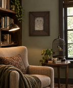 5x7" Original graphite drawing, Owl, Italian wood frame-outside dimension is 10" wide by 12" tall, shown in a reading nook