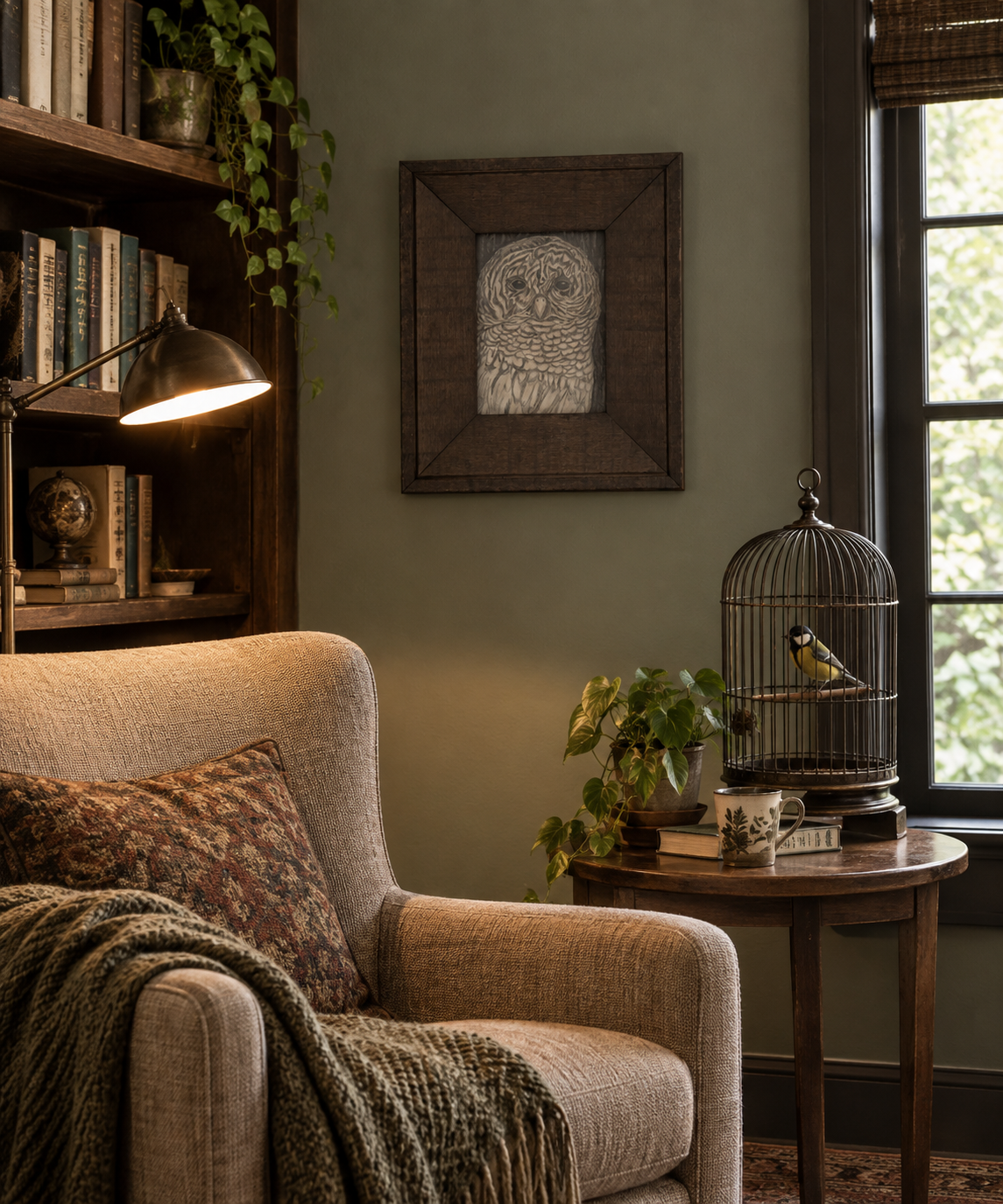 5x7" Original graphite drawing, Owl, Italian wood frame-outside dimension is 10" wide by 12" tall, shown in a reading nook