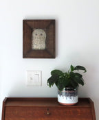 5x7" Original graphite drawing, Owl, Italian wood frame-outside dimension is 10" wide by 12" tall, shown over a secretary desk