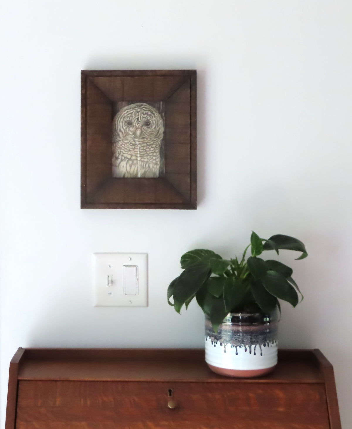 5x7" Original graphite drawing, Owl, Italian wood frame-outside dimension is 10" wide by 12" tall, shown over a secretary desk