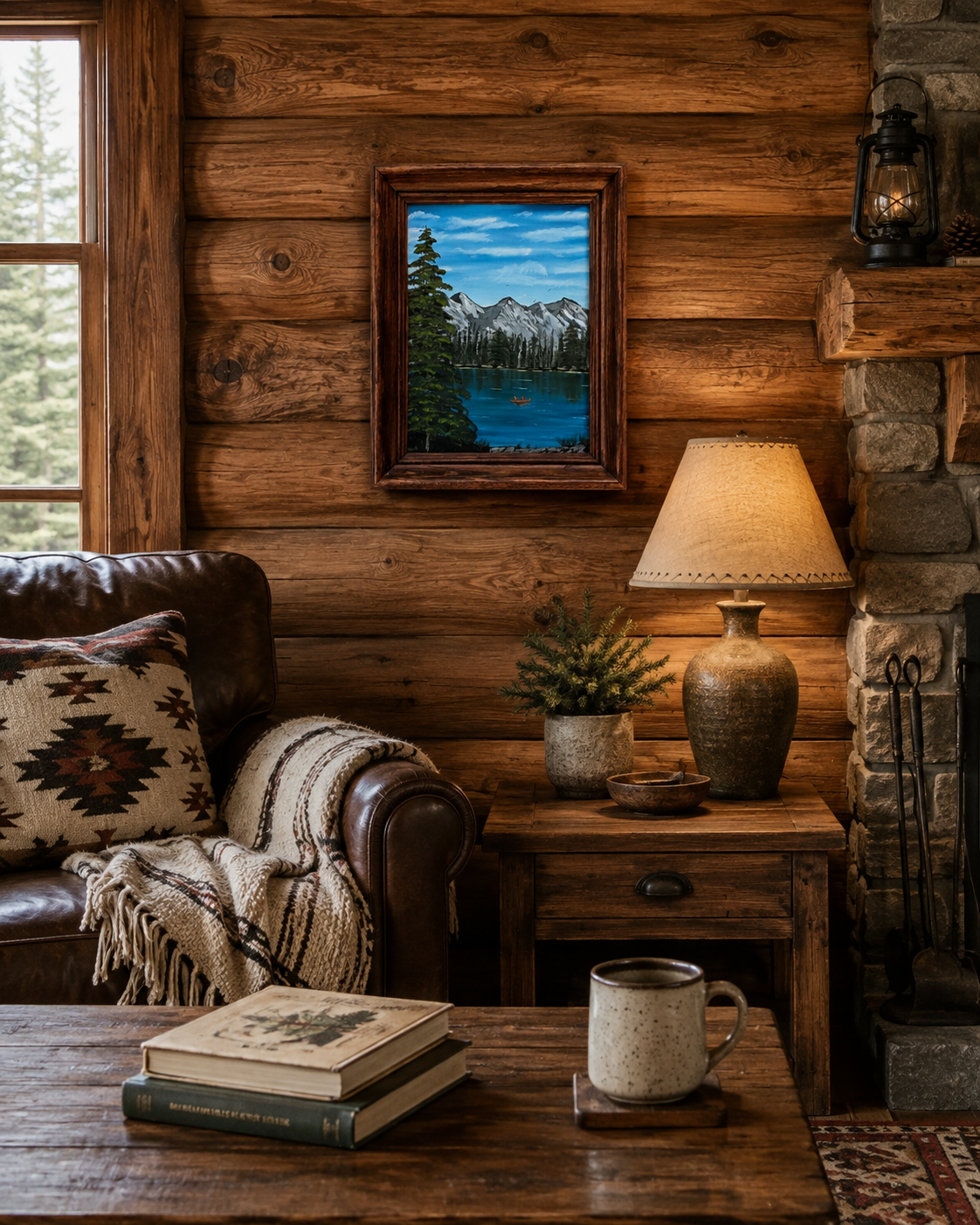Original 9x12 oil painting of lake, mountains, canoe, framed in red oak wood frame, shown in a rustic cabin