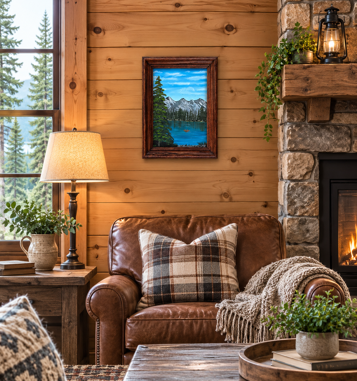 Original 9x12 oil painting of lake, mountains, canoe, framed in red oak wood frame shown in a modern cabin