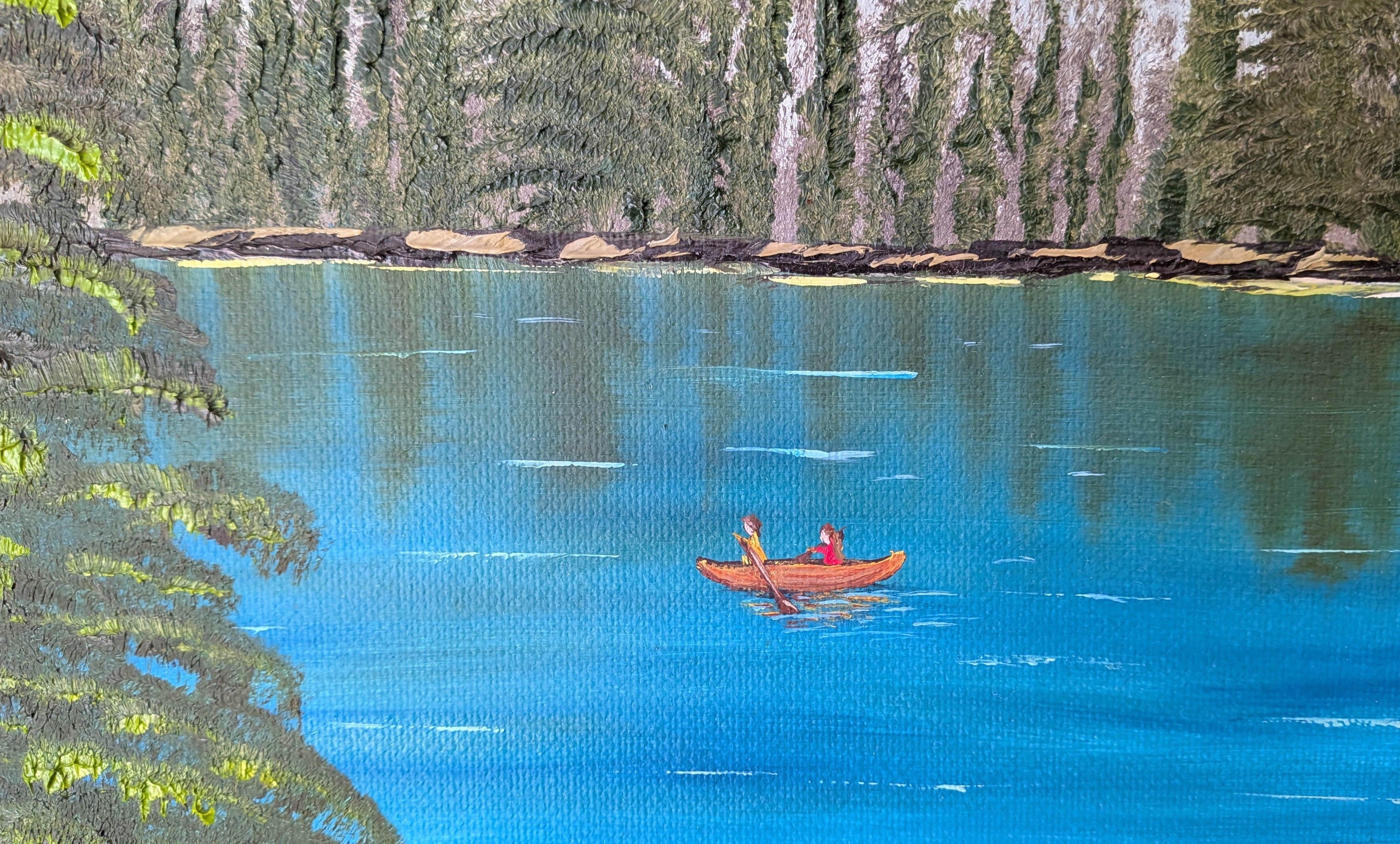Original 9x12 oil painting of lake, mountains, canoe, framed in red oak wood frame, shoeing close-up of canoe
