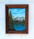 Original 9x12 oil painting of lake, mountains, canoe, framed in red oak wood frame