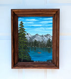 Original 9x12 oil painting of lake, mountains, canoe, framed in red oak wood frame