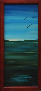 somewhat abstract view of sky, water, distant hills and birds in flight, original 10 inches by 23 1/2 inches, oil painting, repurposed hardwood frame