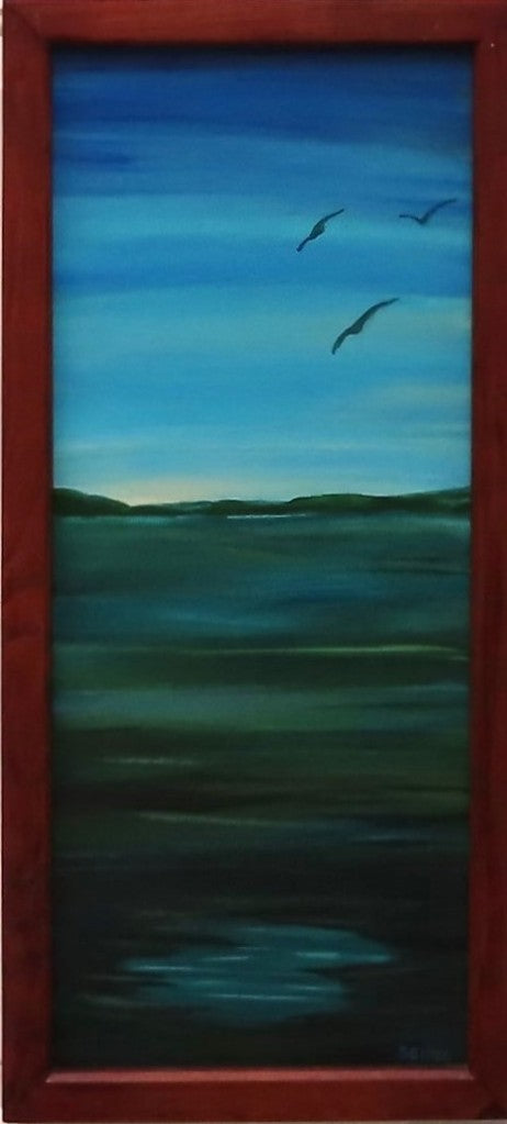 somewhat abstract view of sky, water, distant hills and birds in flight, original 10 inches by 23 1/2 inches, oil painting, repurposed hardwood frame
