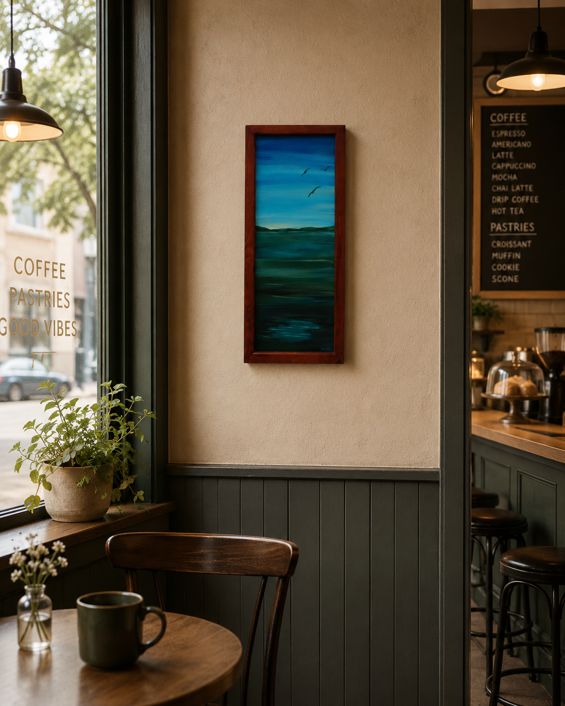 somewhat abstract view of sky, water, distant hills and birds in flight, original 10 inches by 23 1/2 inches, oil painting, repurposed hardwood frame, pictured in a cafe