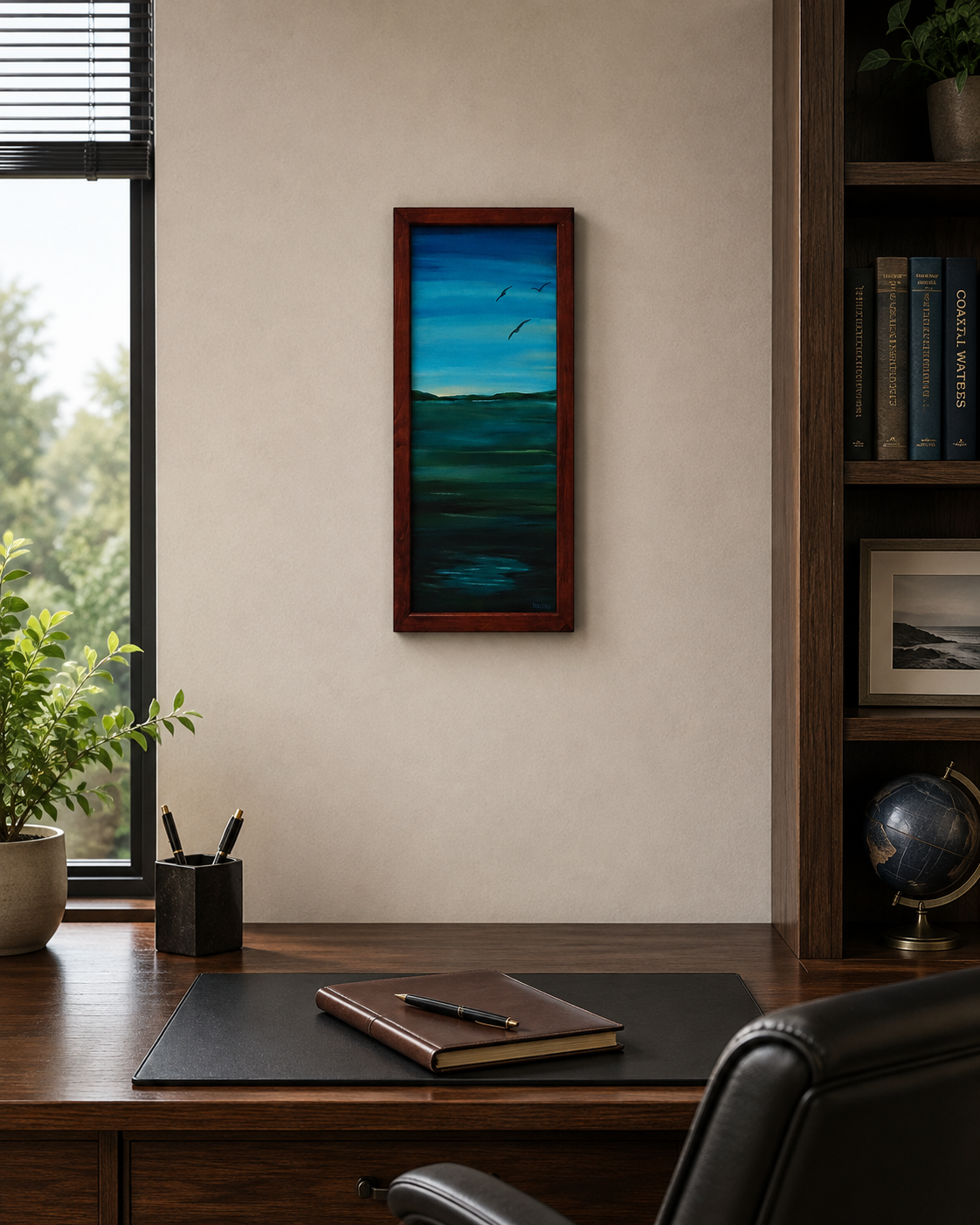 somewhat abstract view of sky, water, distant hills and birds in flight, original 10 inches by 23 1/2 inches, oil painting, repurposed hardwood frame, pictured in an office