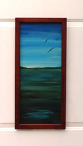 somewhat abstract view of sky, water, distant hills and birds in flight, original 10 inches by 23 1/2 inches, oil painting, repurposed hardwood frame