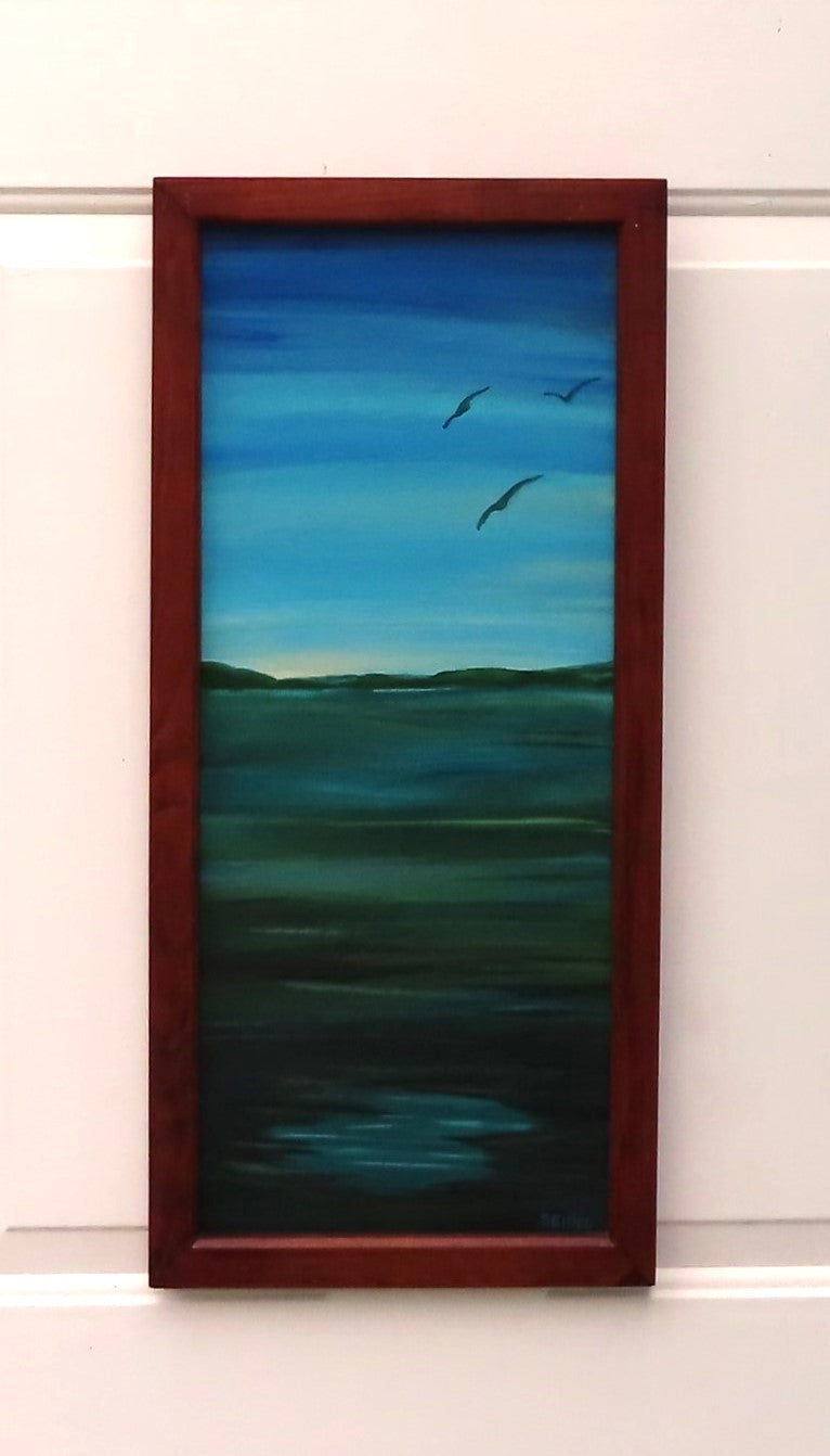 somewhat abstract view of sky, water, distant hills and birds in flight, original 10 inches by 23 1/2 inches, oil painting, repurposed hardwood frame