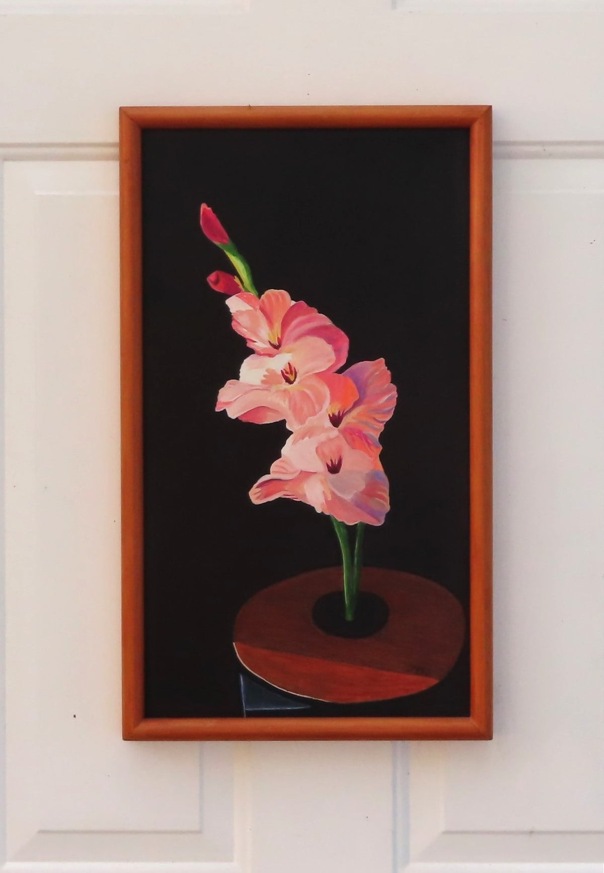 12 x 20 3/4" original oil painting on board, peach gladiolas against dark background, handmade frame