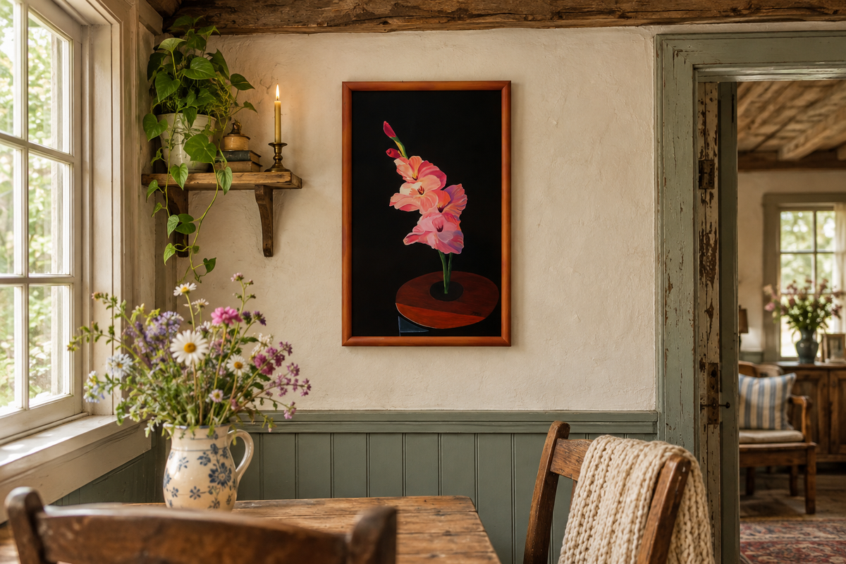 12 x 20 3/4" original oil painting on board, peach gladiolas against dark background, handmade frame, shown in a cabin 
