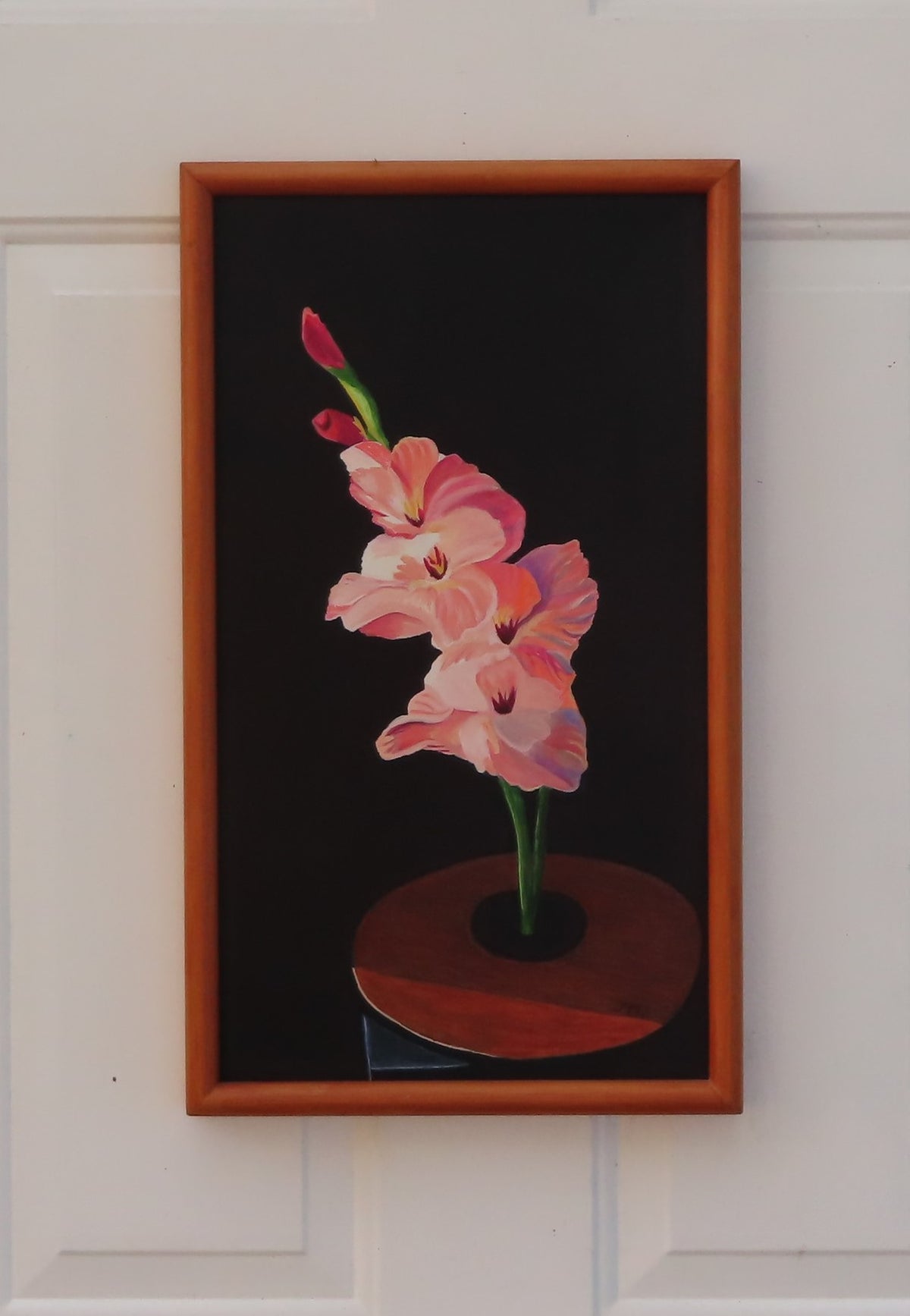 12 x 20 3/4" original oil painting on board, peach gladiolas against dark background, handmade frame