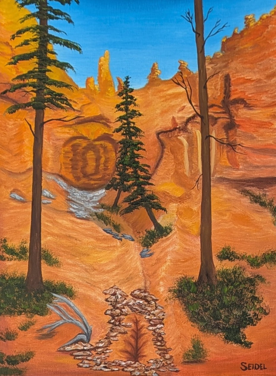 12x16" original oil painting featuring the bright colors of a Bryce Canyon trail, showing close-up