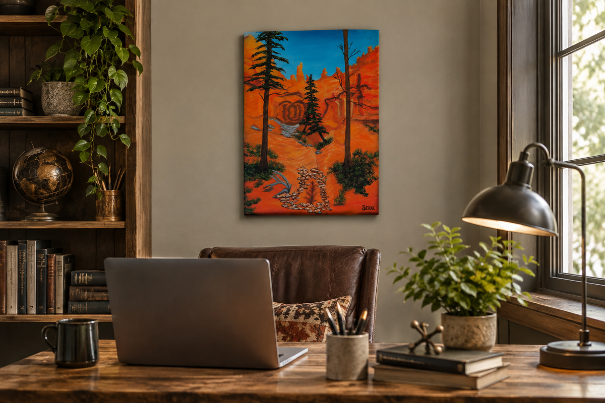 12x16" original oil painting featuring the bright colors of a Bryce Canyon trail shown behind an office desk